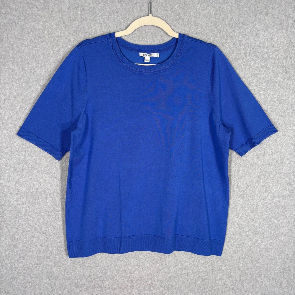 Chicos‎ Short Sleeve Knit Sweater Top Shirt Large Minimalist Quiet Luxury Soft